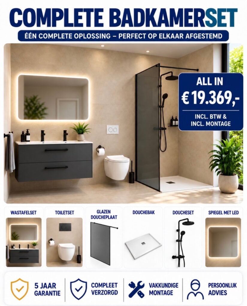 Complete badkamerset met antraciet wastafelmeubel, toiletset, glazen douchewand, douchebak, doucheset en ledspiegel: € 19.369,- all-in, inclusief btw en montage