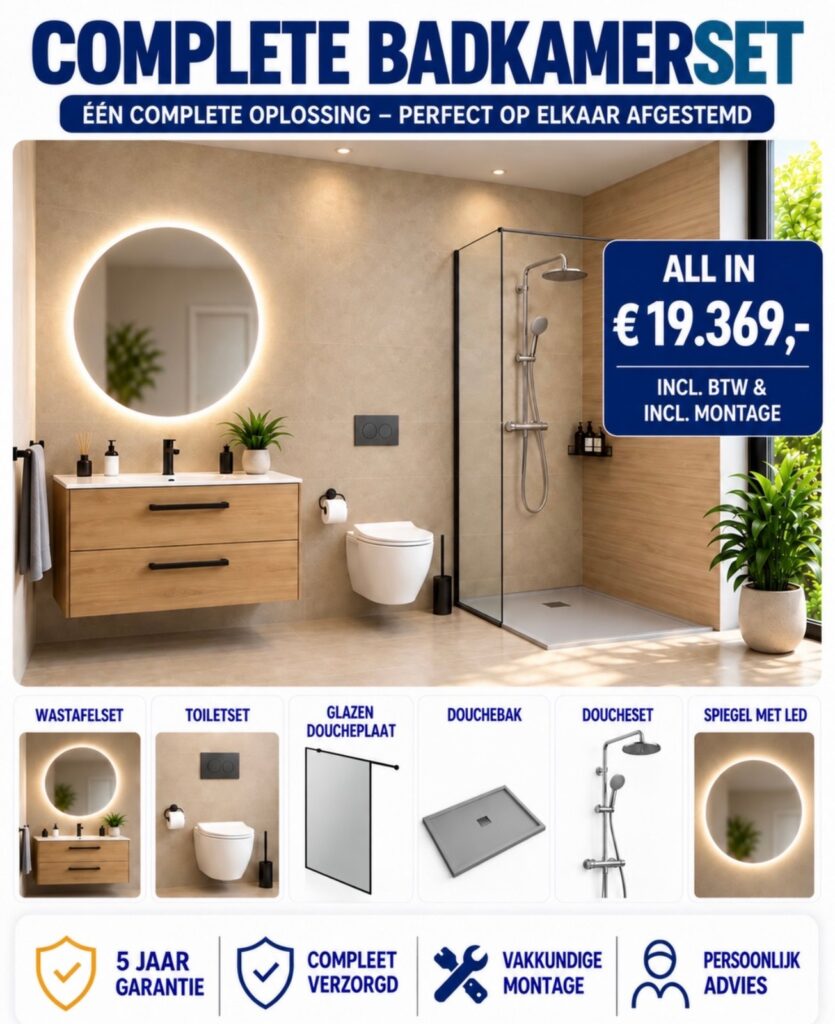 Complete badkamerset met eiken wastafelmeubel, toiletset, glazen douchewand, douchebak, doucheset en ledspiegel: € 19.369,- all-in, inclusief btw en montage