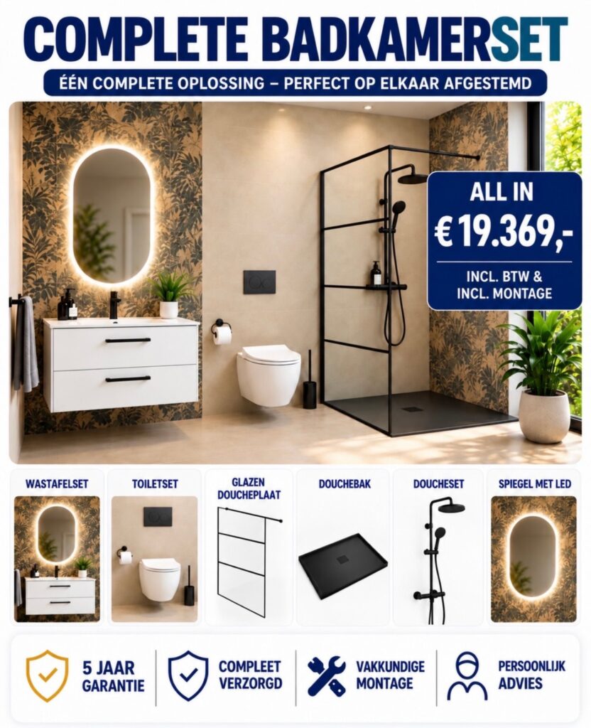 Complete badkamerset met witte wastafelmeubel, toiletset, glazen douchewand, douchebak, doucheset en ledspiegel: € 19.369,- all-in, inclusief btw en montage