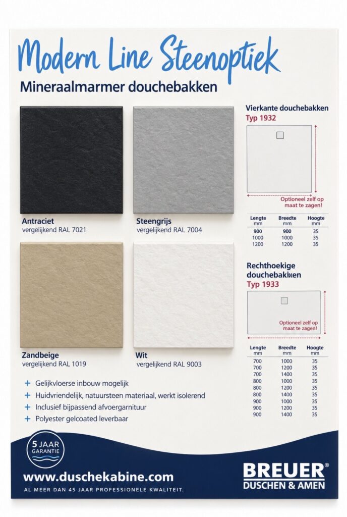 Catalogus mineraalmarmer douchebakken in antraciet, steengrijs, zandbeige en wit