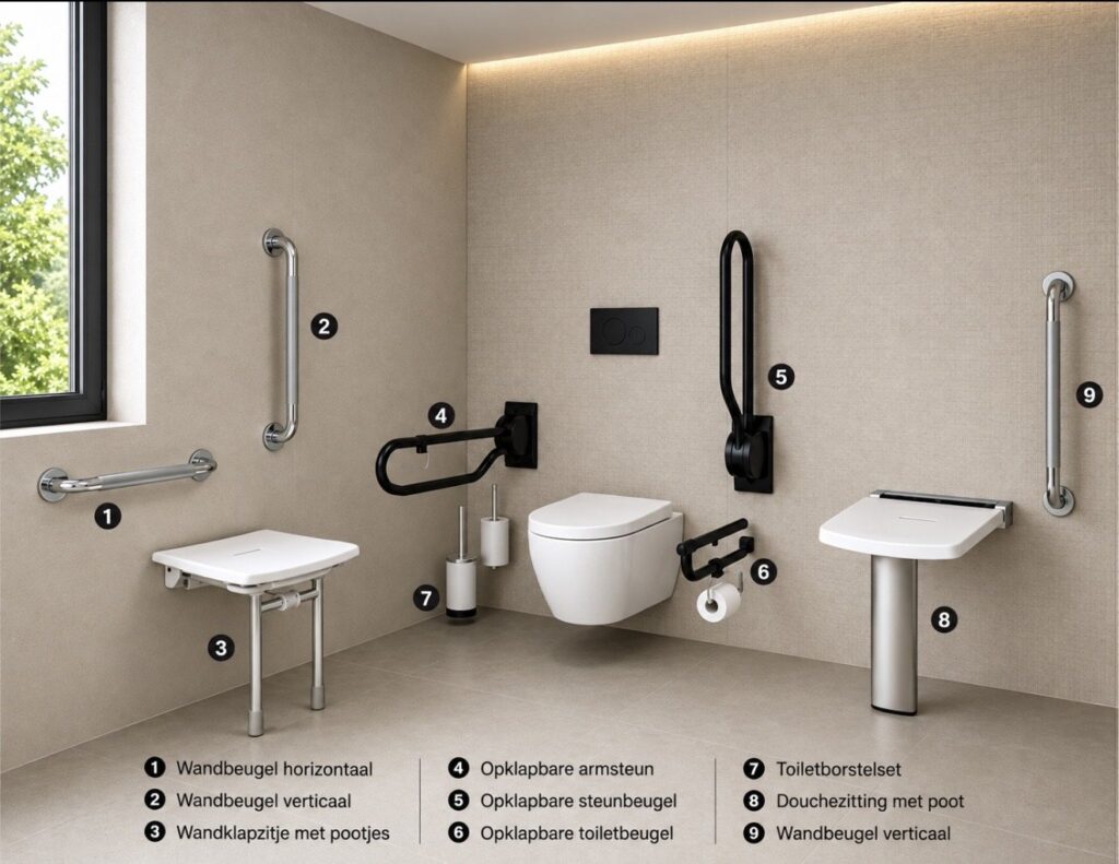 Seniorenbadkamer met genummerde hulpmiddelen: horizontale en verticale wandbeugels, wandklapzitje met pootjes, opklapbare armsteun, opklapbare steunbeugel, opklapbare toiletbeugel, toiletborstelset en douchezitting met poot