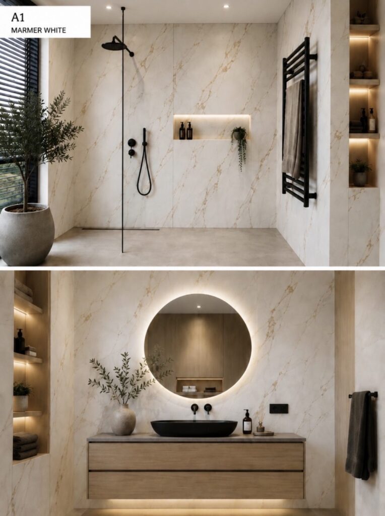 Badkamer met wandpanelen in kleur A1 Marmer White