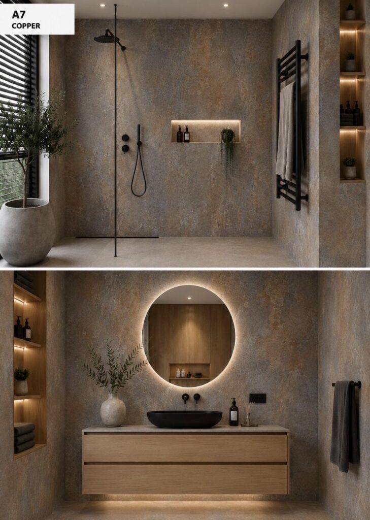 Badkamer met wandpanelen in kleur A7 Copper