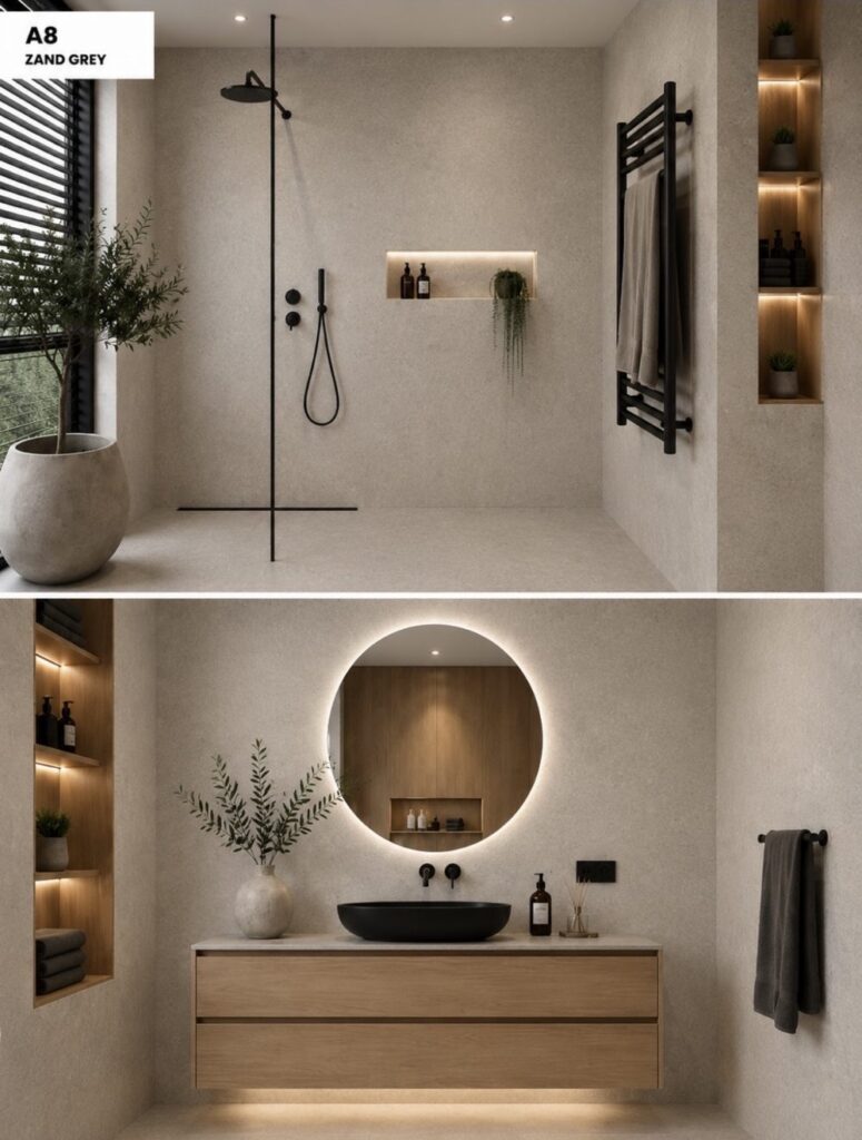 Badkamer met wandpanelen in kleur A8 Zand Grey