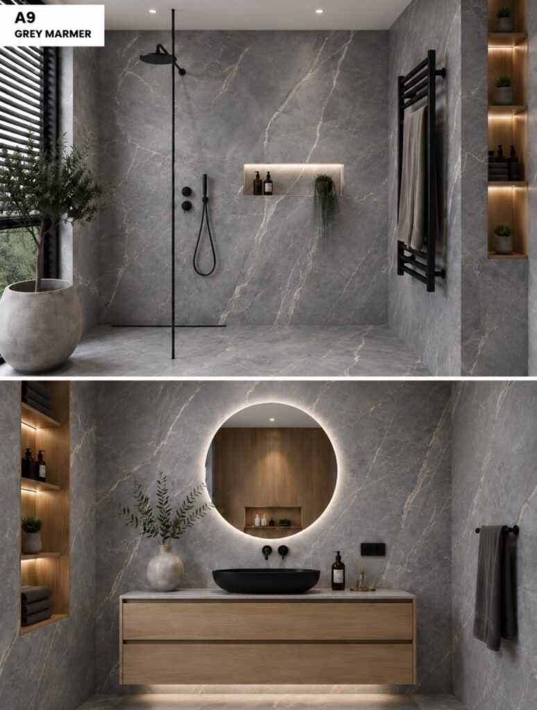 Badkamer met wandpanelen in kleur A9 Grey Marmer