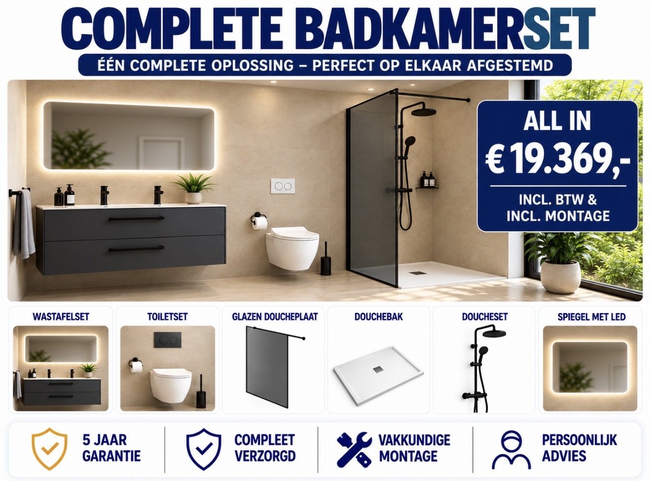 Complete badkamerset met antraciet wasmeubel, ledspiegel, toilet en glazen douchewand: all-in € 19.369 inclusief btw en montage