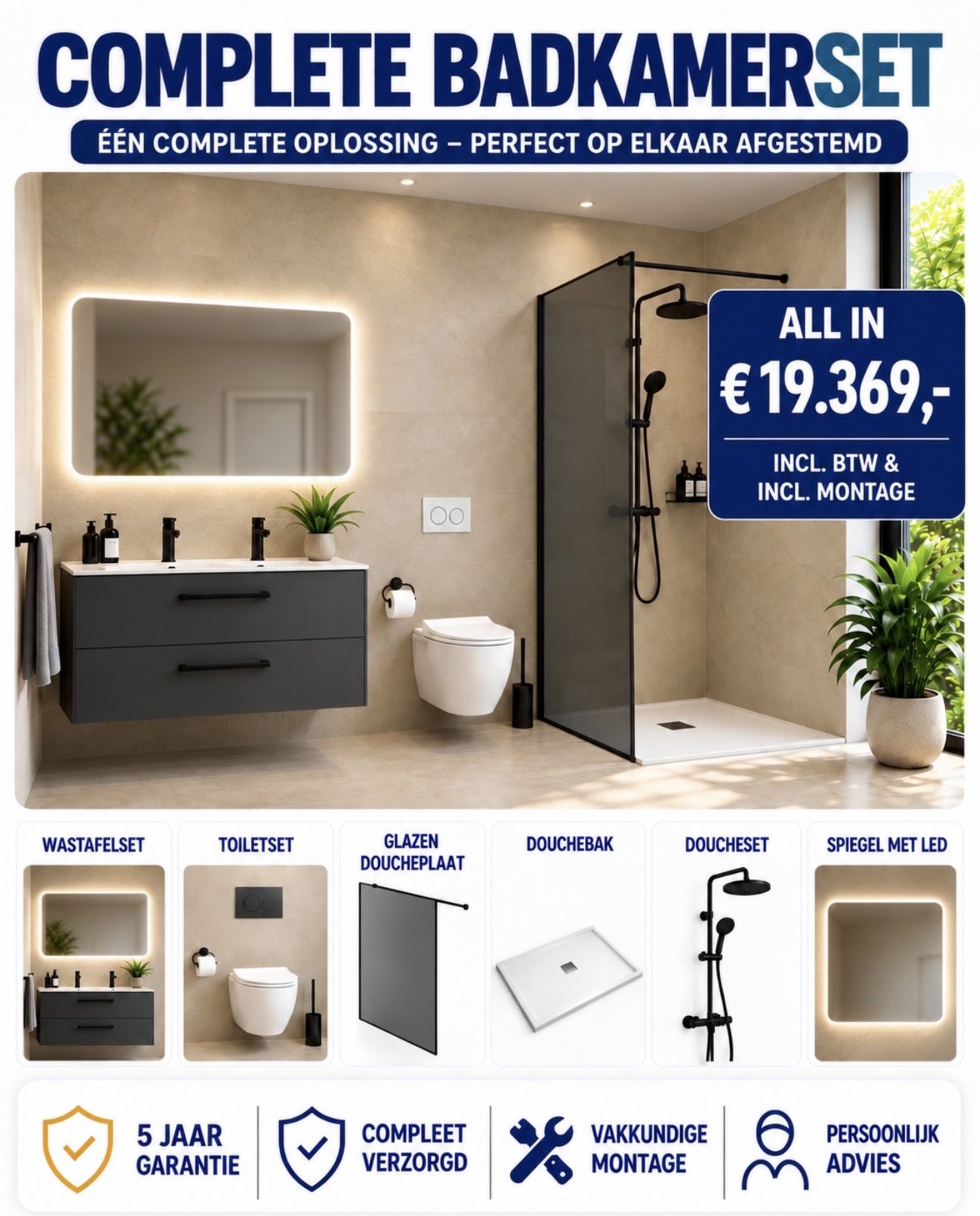 Complete badkamerset met antraciet wasmeubel, ledspiegel, toilet en glazen douchewand: all-in € 19.369 inclusief btw en montage