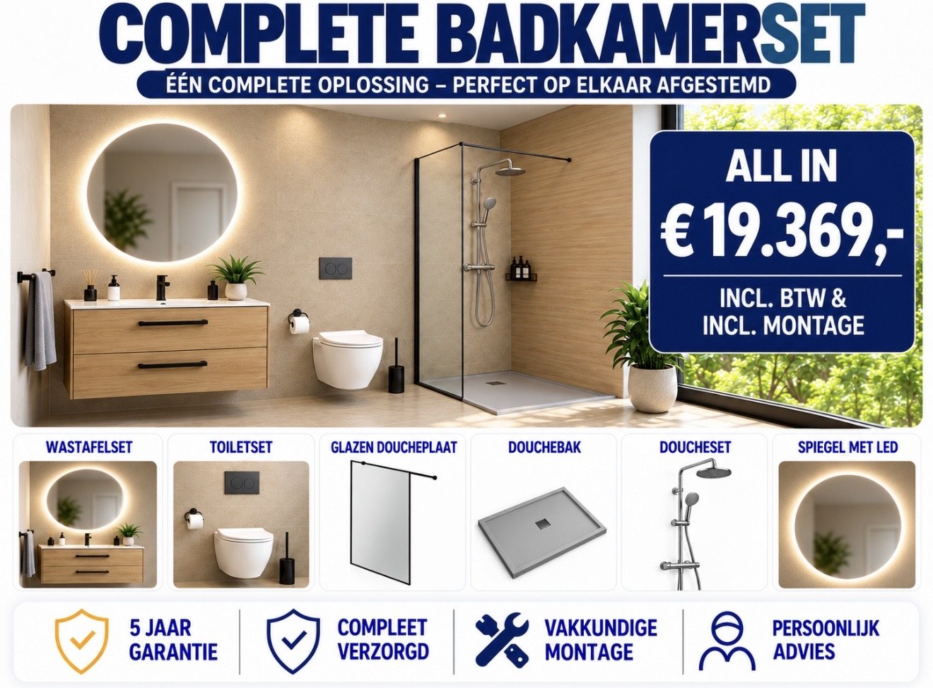 Complete badkamerset met eiken wasmeubel, ronde ledspiegel, toilet en glazen douchewand: all-in € 19.369 inclusief btw en montage