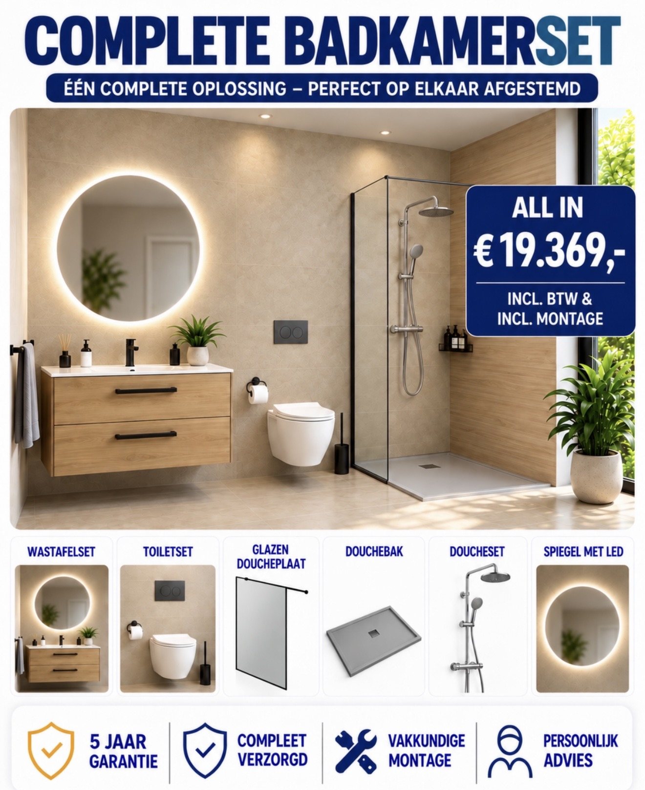 Complete badkamerset met eiken wasmeubel, ronde ledspiegel, toilet en glazen douchewand: all-in € 19.369 inclusief btw en montage