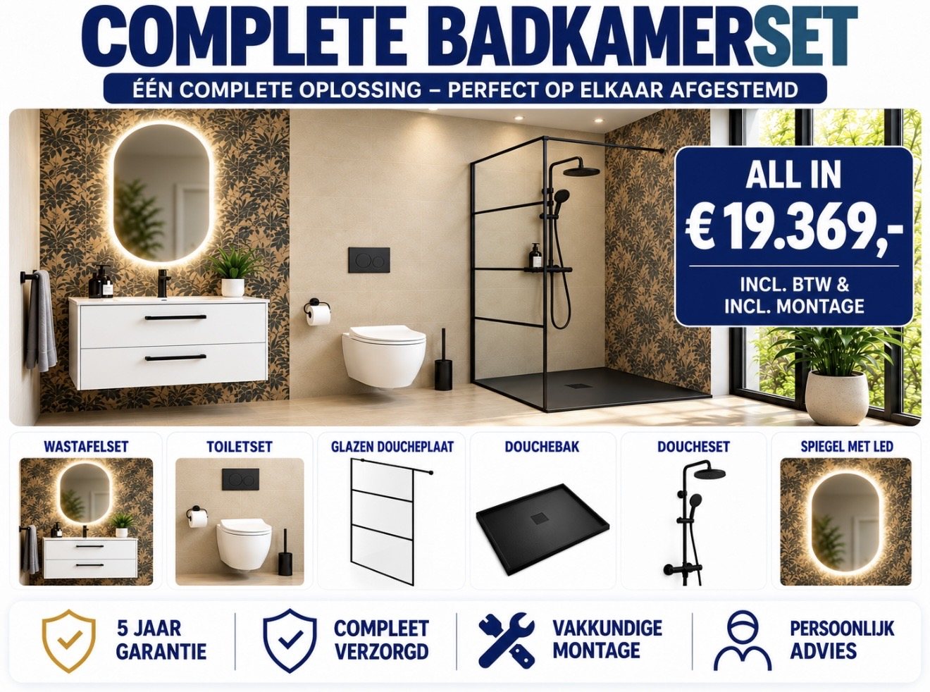 Complete badkamerset met wit wasmeubel, ledspiegel, toilet en glazen douchewand: all-in € 19.369 inclusief btw en montage